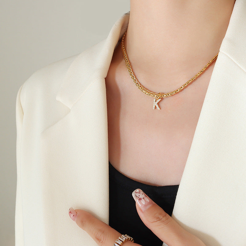 Brass Inlaid Zircon Letter Pendant Necklace Style K One Size