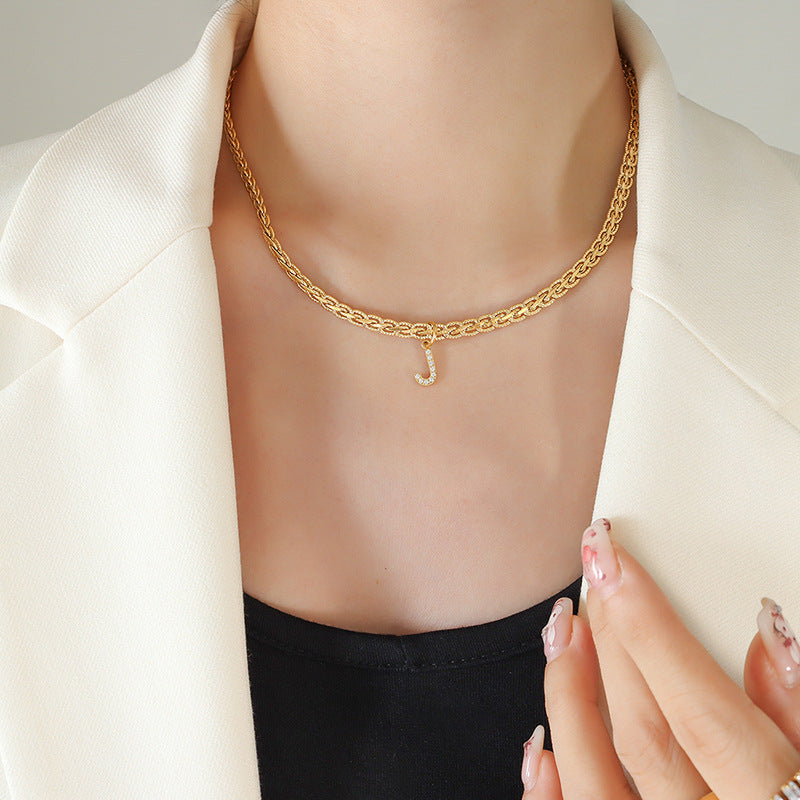Brass Inlaid Zircon Letter Pendant Necklace Style J One Size