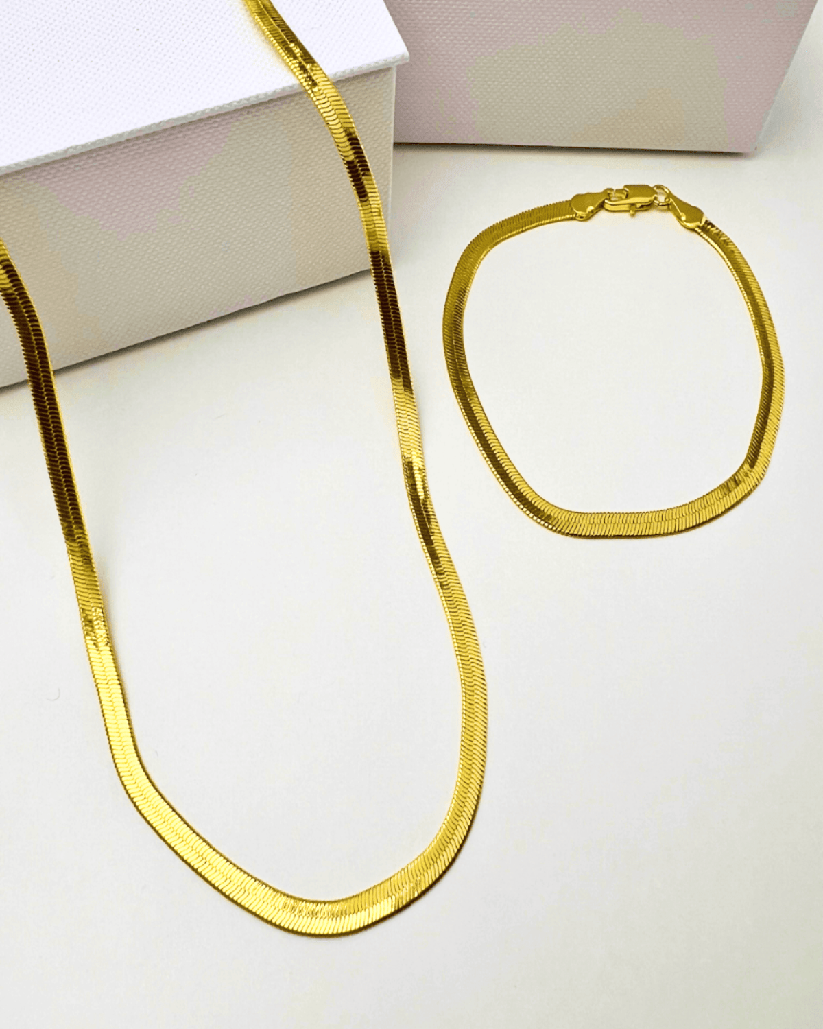 Best Trending Trendy Gold Herringbone Chain Necklace Bracelet Bundle Set Jewelry Gift on Sale for Women, Lady, Mother, Wife