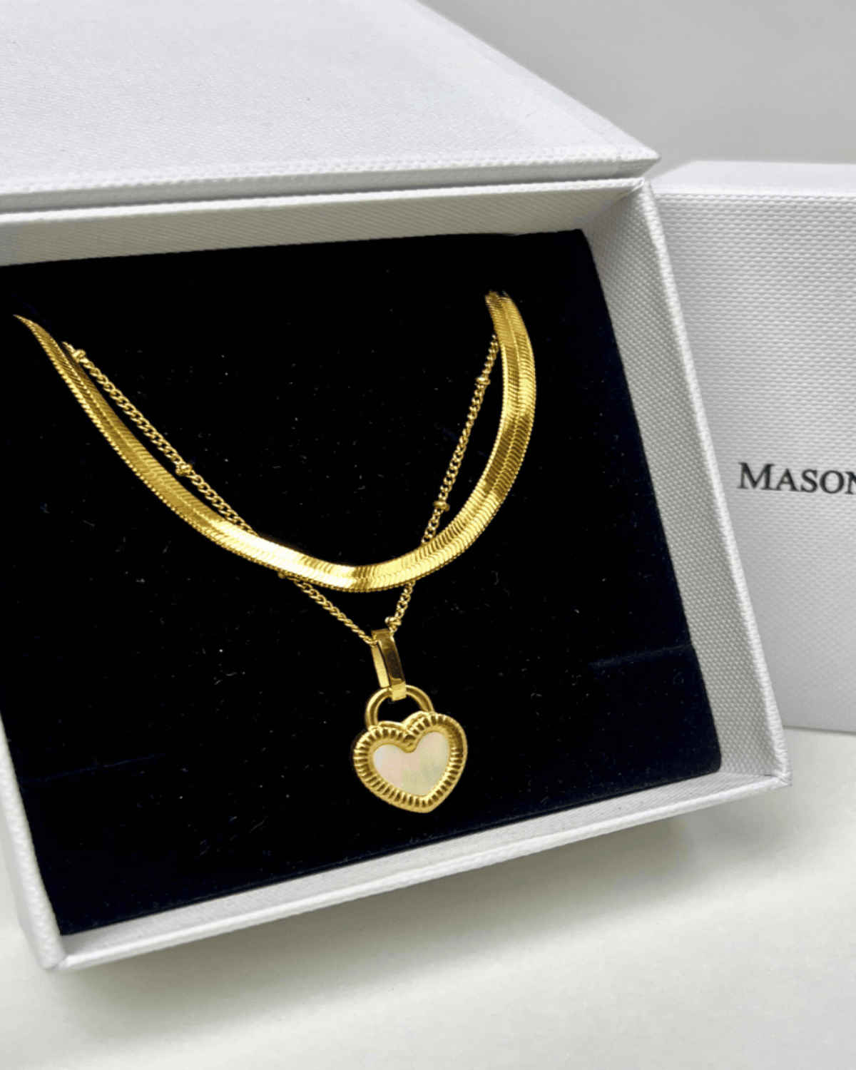 Best Trending Trendy Gold Herringbone Chain + Heart Pearl Pendant Necklace Stack Bundle Jewelry Gift on Sale for Women, Lady, Mother, Wife 18K Yellow Gold