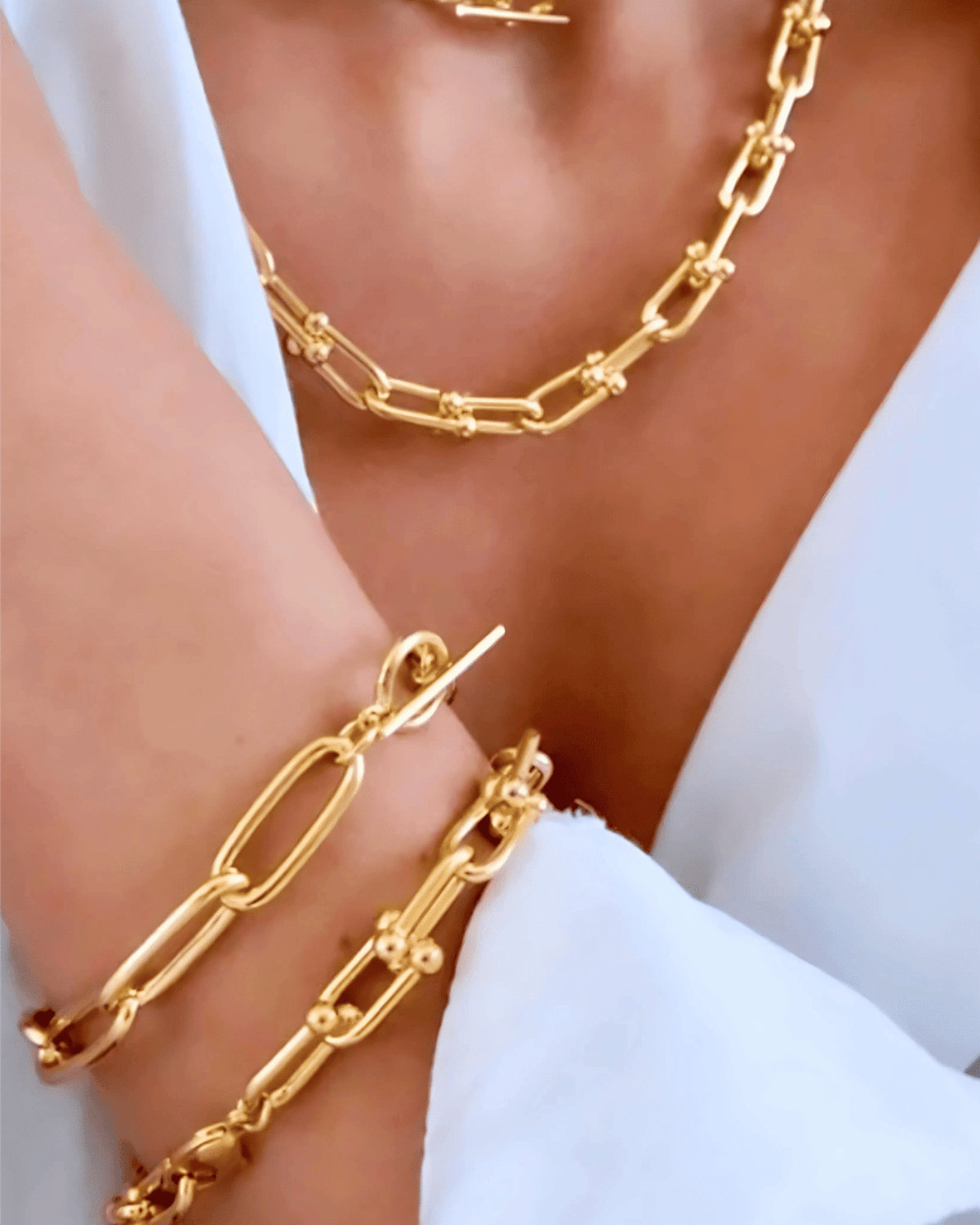 Best Trending Trendy Gold Link Chain Necklace Bracelet Bundle Set Jewelry Gift on Sale for Women, Lady, Mother, Wife 18K Yellow Gold