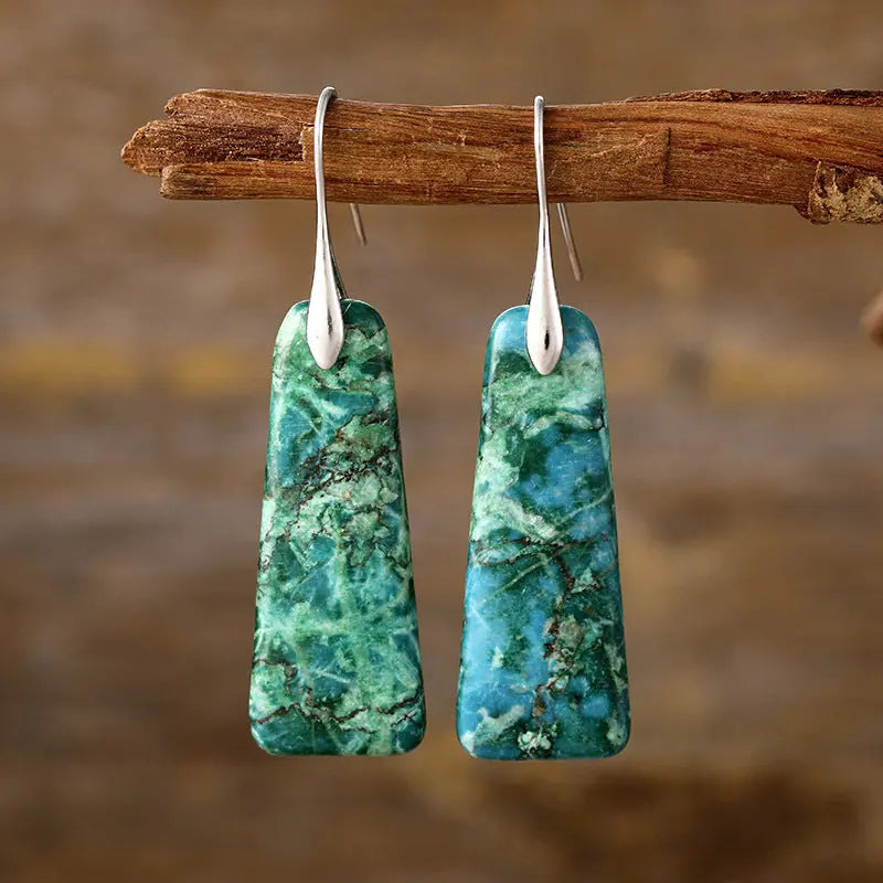 Copper Natural Stone Earrings Green Silver One Size
