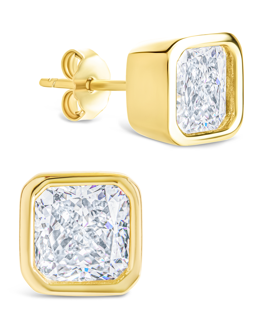 Sterling Silver Asscher Cut Bezel Set Stud Earrings Gold