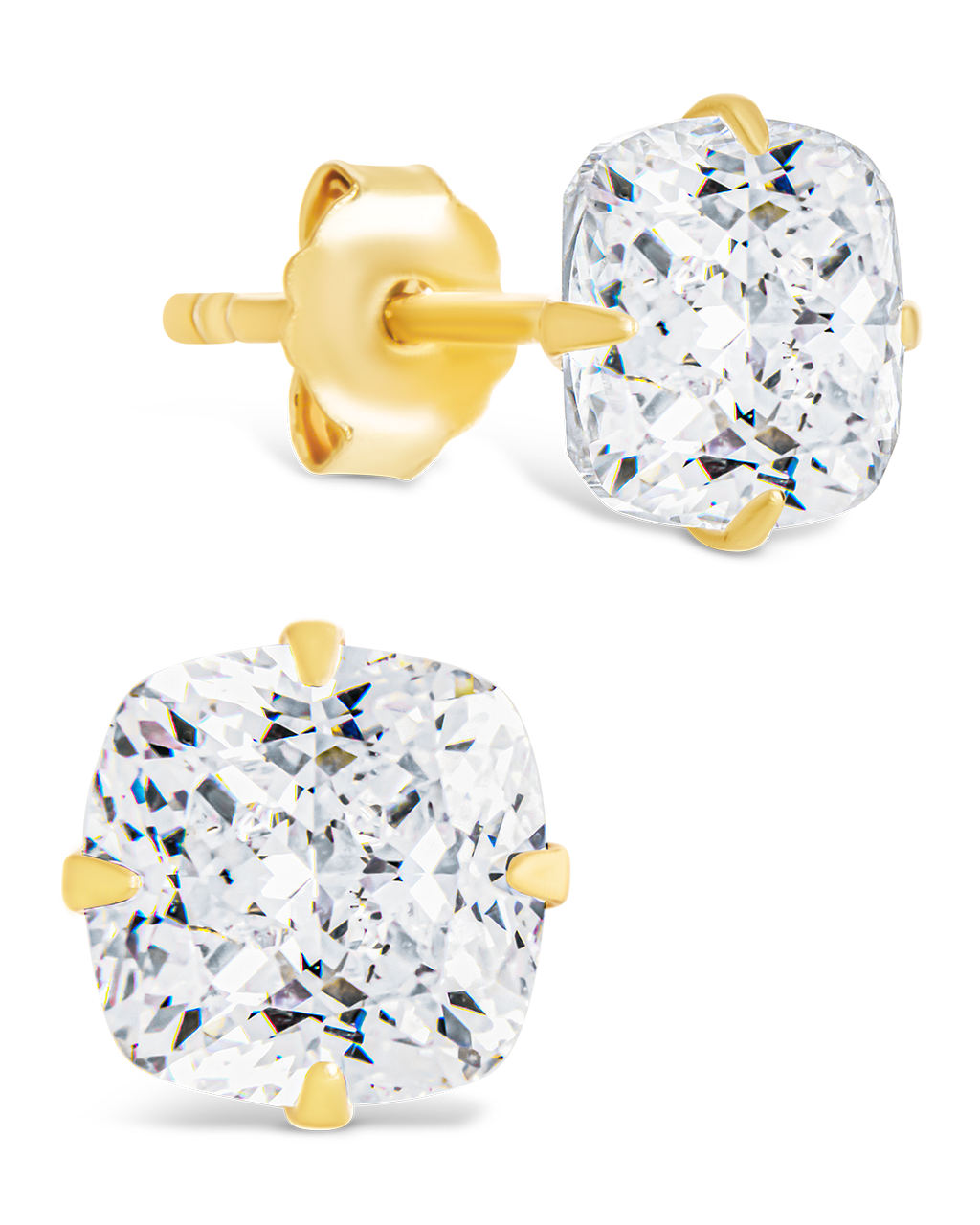 Sterling Silver Cushion Cut Prong Set Stud Earrings Gold