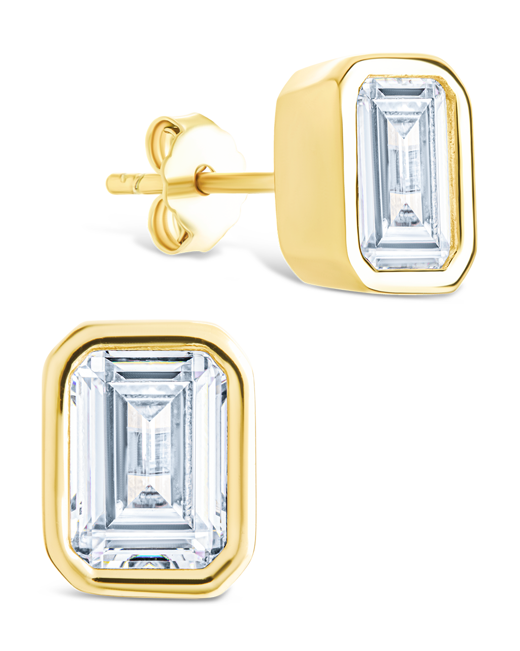 Sterling Silver Emerald Cut Bezel Set Stud Earrings Gold