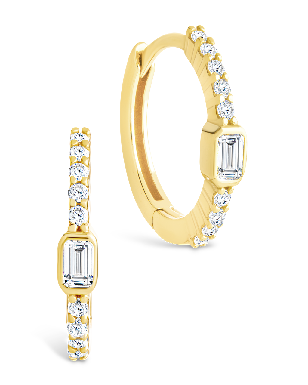 Sterling Silver Emerald Cut Bezel Set Huggie Hoop Earrings Gold