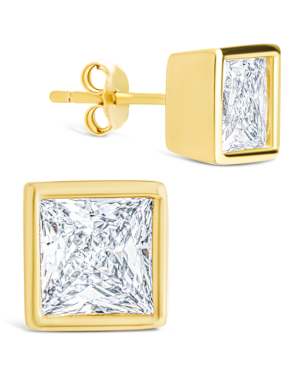 Sterling Silver Princess Cut Bezel Set Stud Earrings Gold