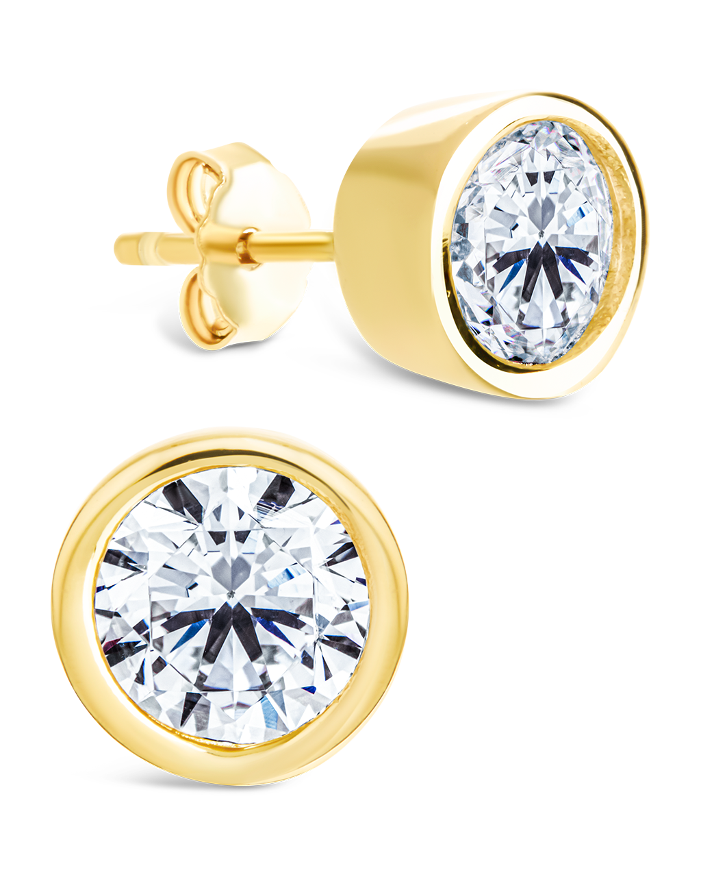 Sterling Silver Round Cut Bezel Set Stud Earrings Gold