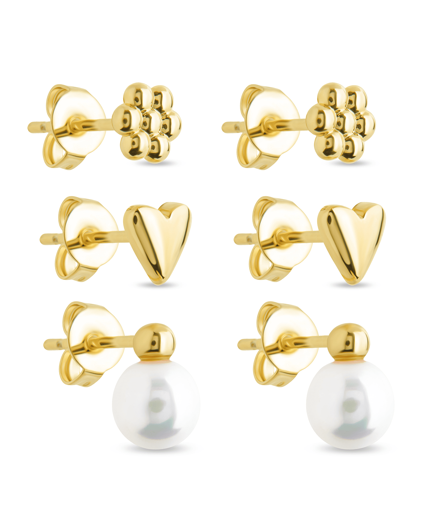 Sterling Silver Irene Pearl, Flower, & Heart Stud Earring Set of 3 Gold