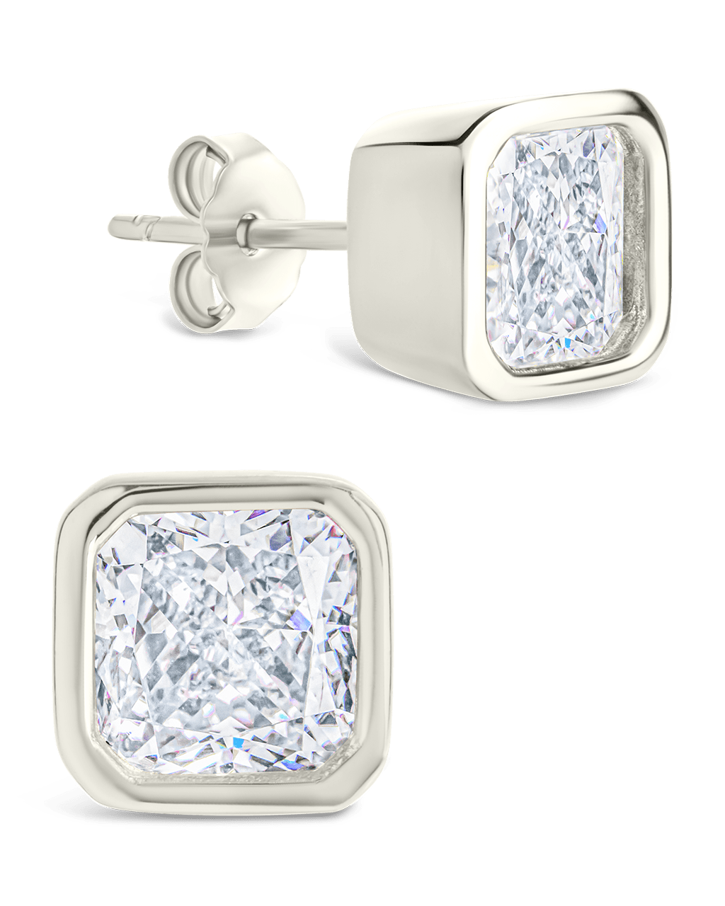 Sterling Silver Asscher Cut Bezel Set Stud Earrings Silver