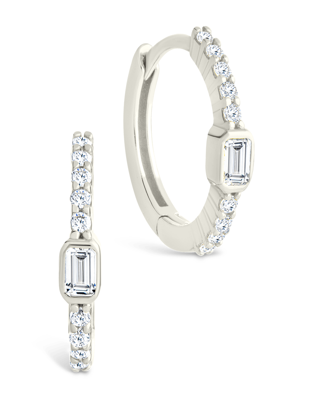 Sterling Silver Emerald Cut Bezel Set Huggie Hoop Earrings Silver