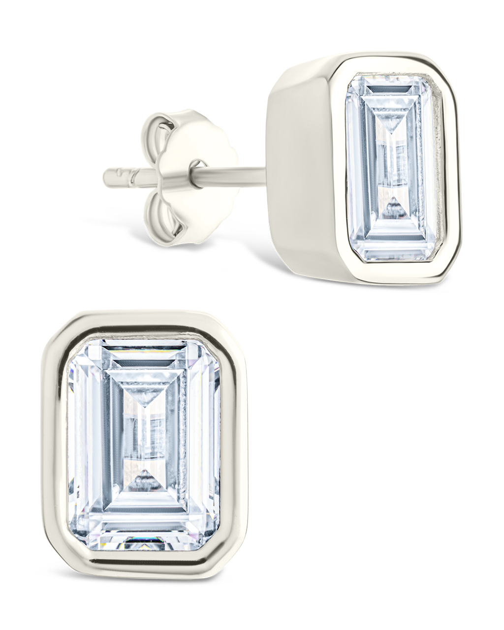 Sterling Silver Emerald Cut Bezel Set Stud Earrings Silver