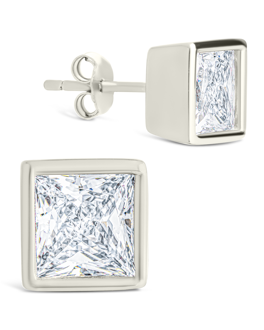 Sterling Silver Princess Cut Bezel Set Stud Earrings Silver