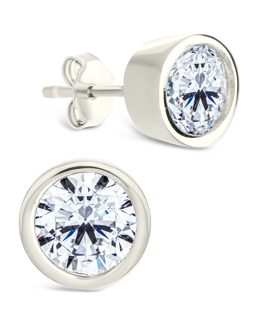Sterling Silver Round Cut Bezel Set Stud Earrings Silver