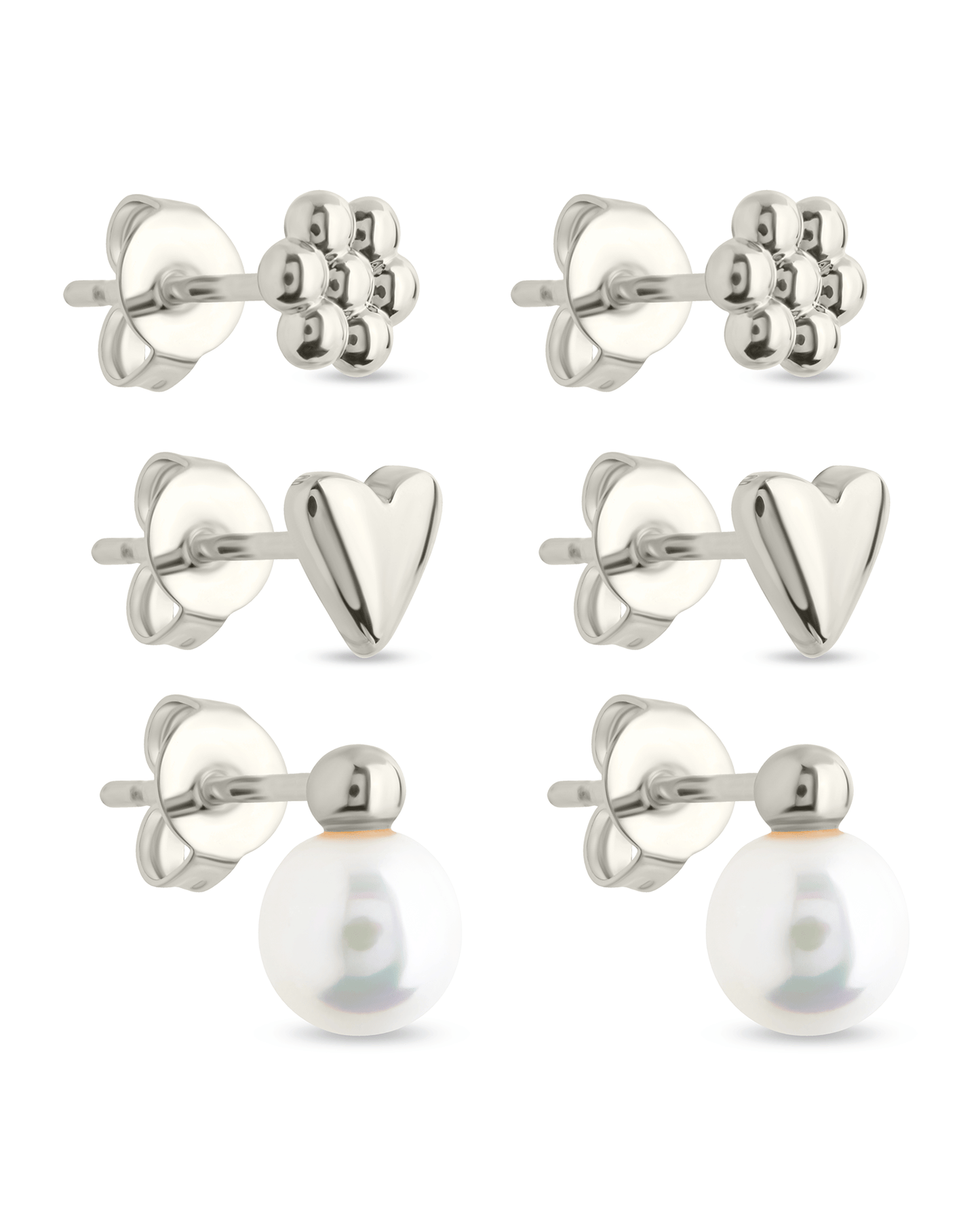 Sterling Silver Irene Pearl, Flower, & Heart Stud Earring Set of 3 Silver