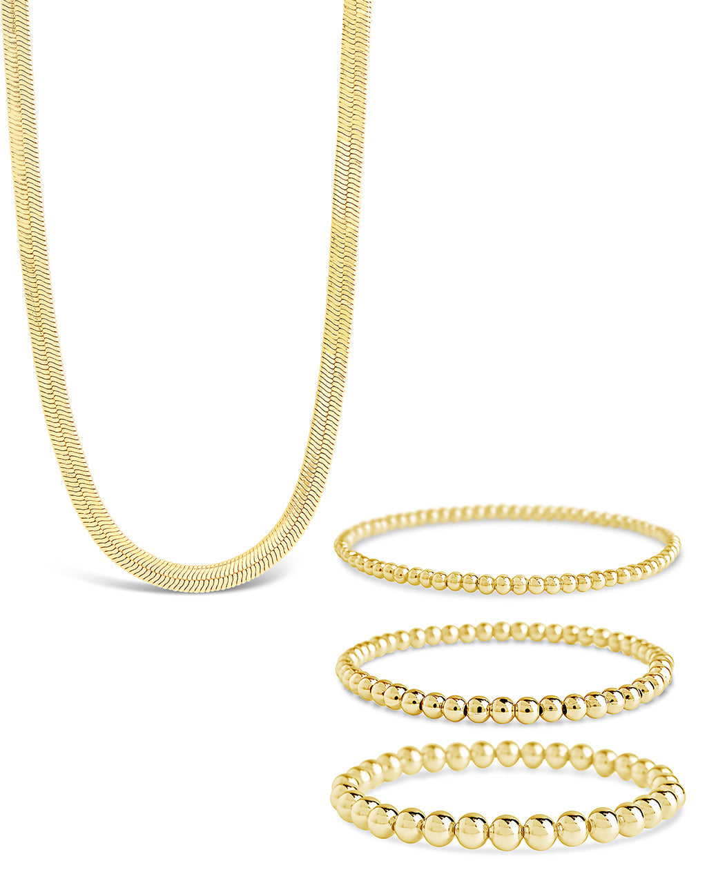 Beaded Bracelets & Herringbone Chain Necklace Set Gold