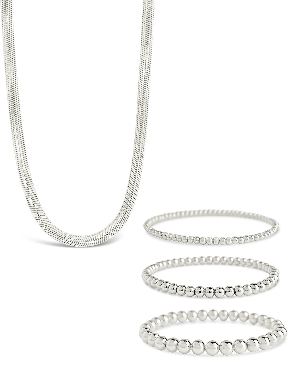 Beaded Bracelets & Herringbone Chain Necklace Set Silver