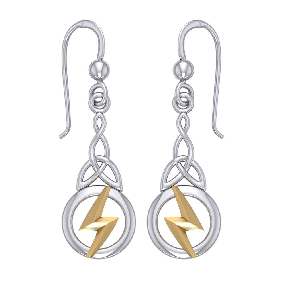 Zeus God Lightning Bolt with Celtic Trinity Knot Silver and Gold Earrings MER1966