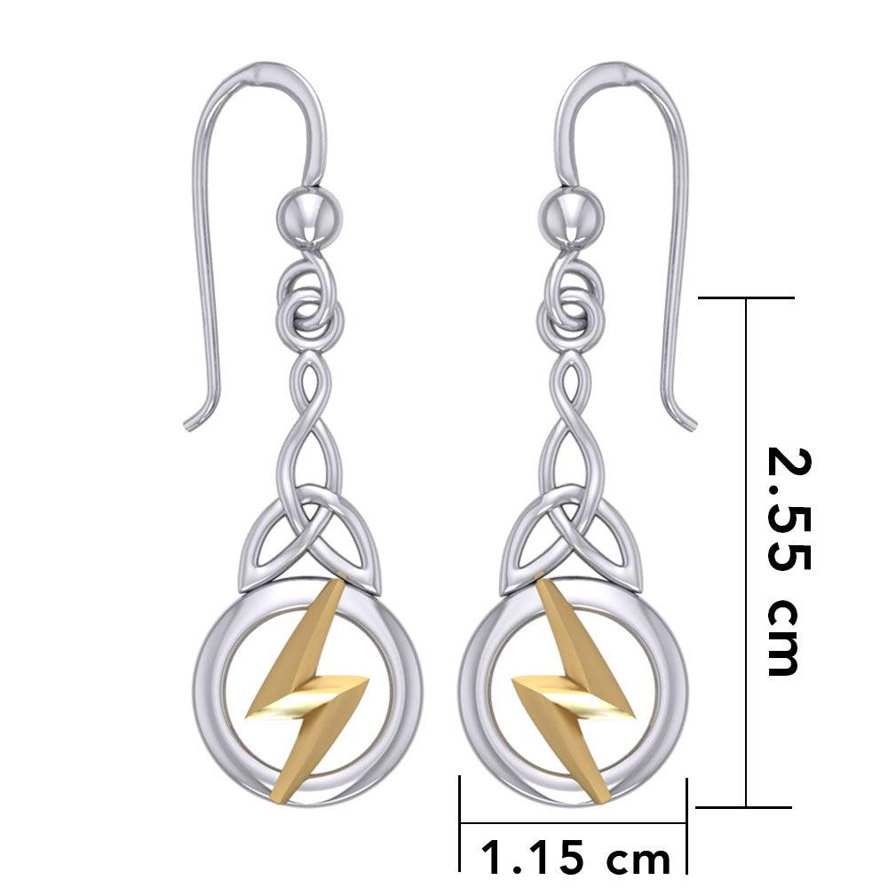 Zeus God Lightning Bolt with Celtic Trinity Knot Silver and Gold Earrings MER1966