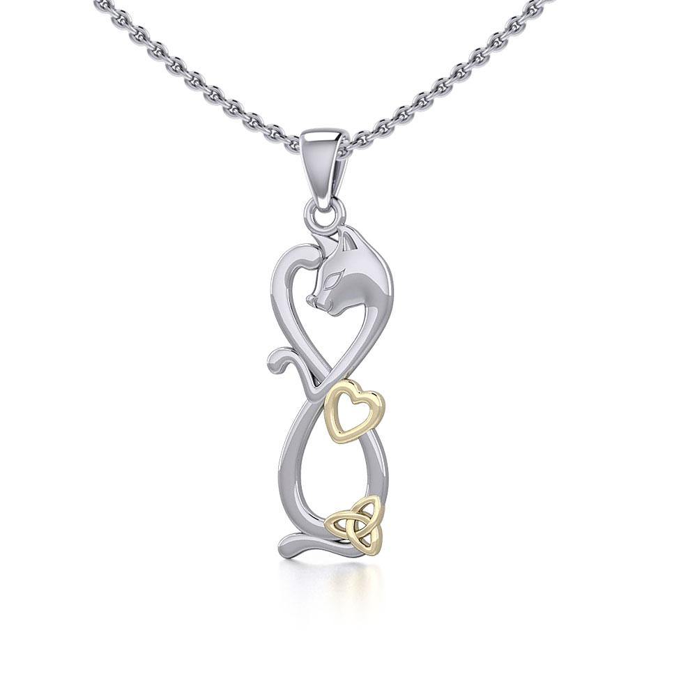 Infinity Cat with Heart and Celtic Trinity Knot Silver and Gold Pendant MPD5279