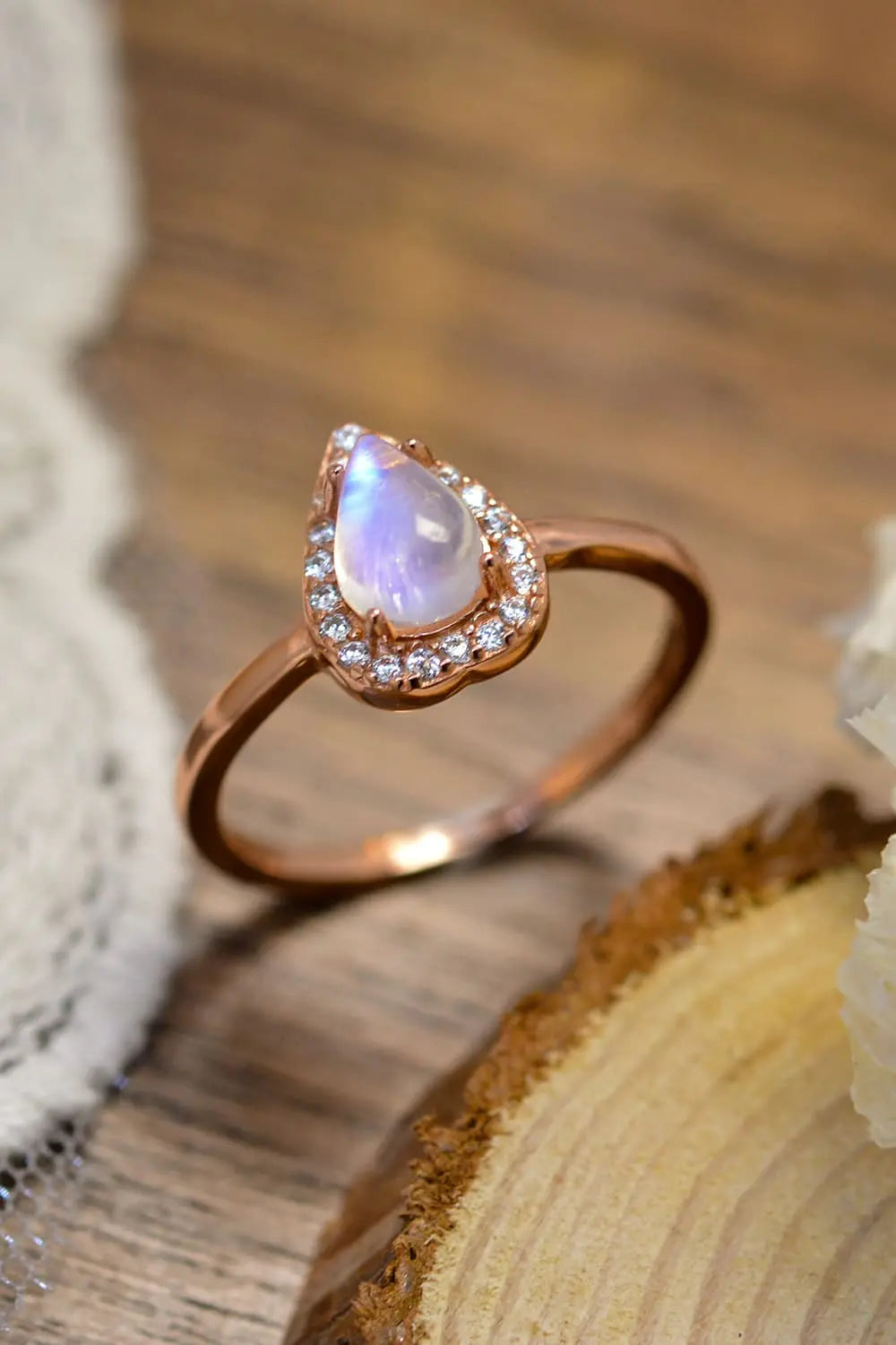 Moonstone Teardrop 925 Sterling Silver Halo Ring Rose Gold
