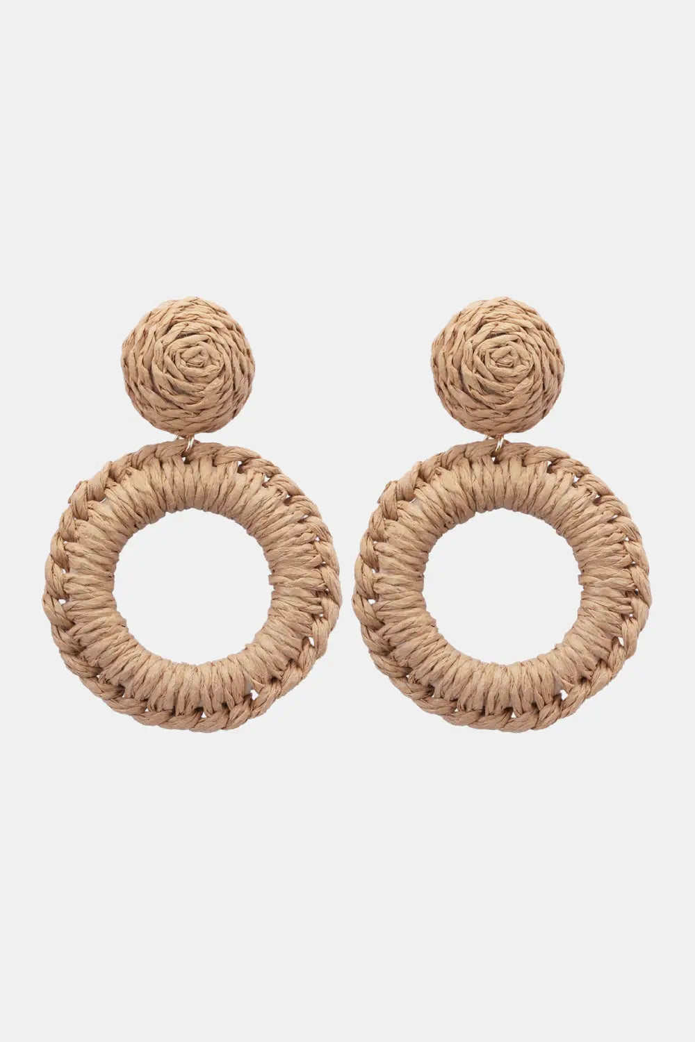 Round Shape Raffia Grass Dangle Earrings Camel One Size