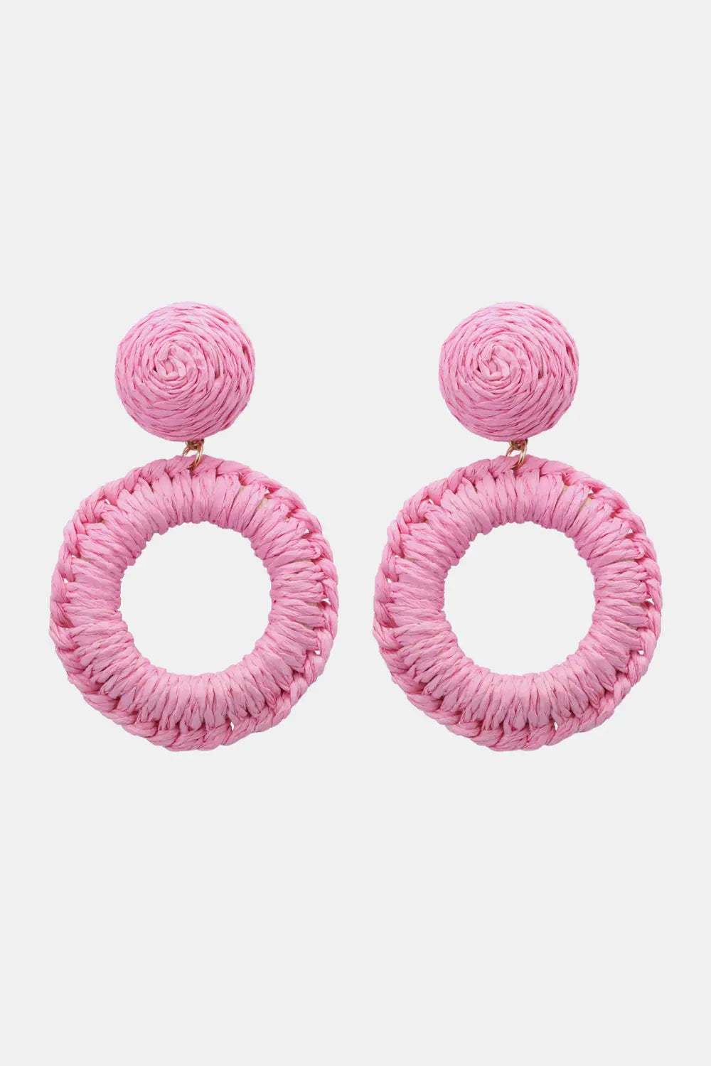 Round Shape Raffia Grass Dangle Earrings Pink One Size