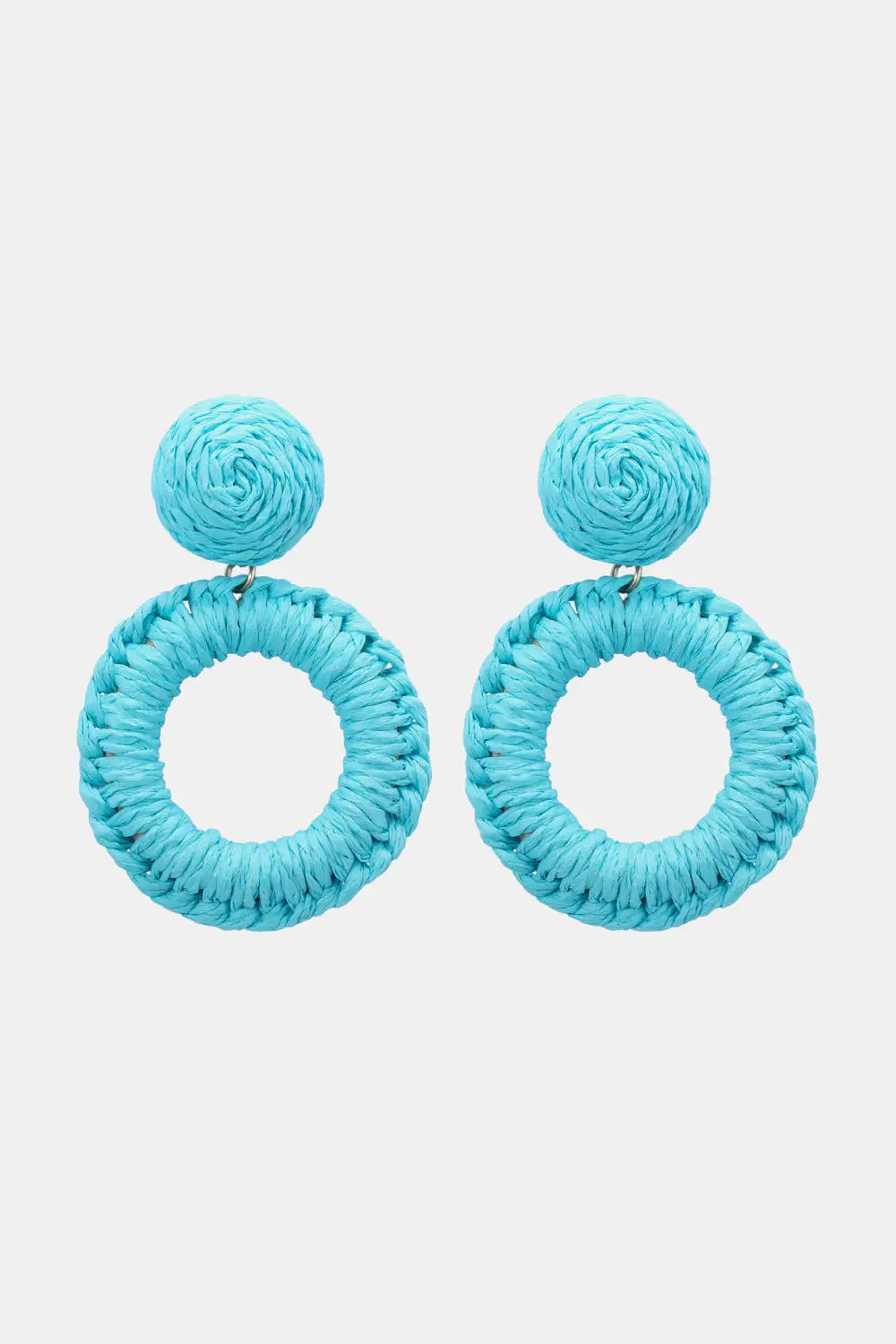Round Shape Raffia Grass Dangle Earrings Aqua One Size