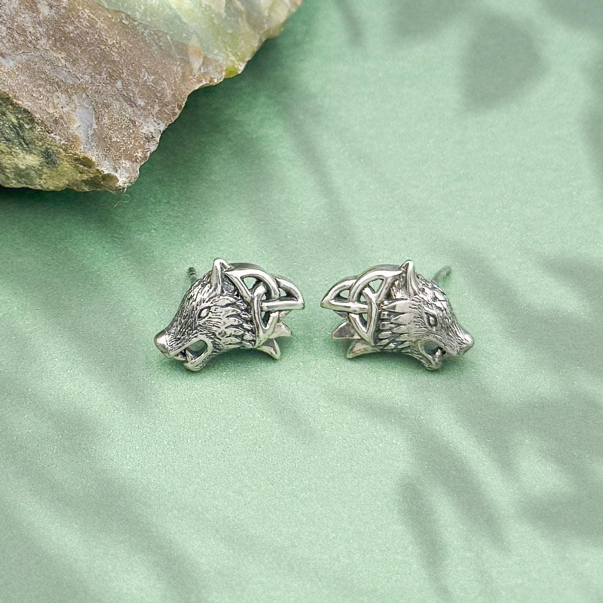 Wolves with Celtic Sterling Silver Post Earrings TER1789