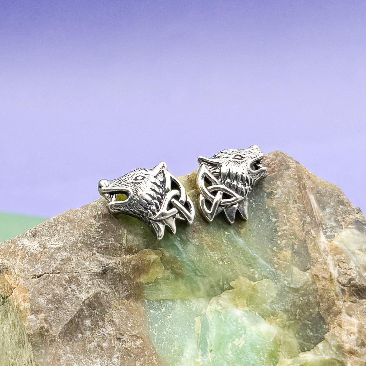 Wolves with Celtic Sterling Silver Post Earrings TER1789