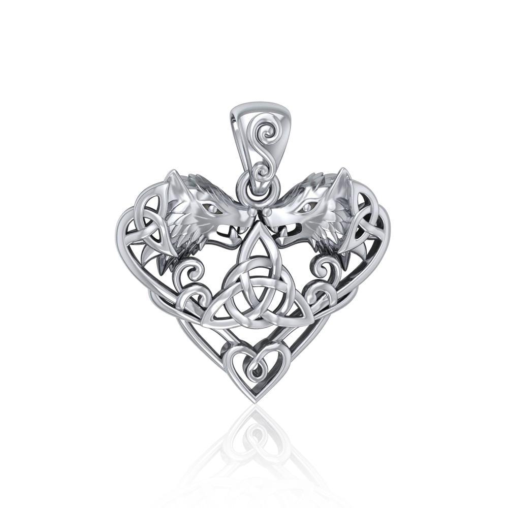 Wolves with Celtic Triquetra in Heart Sterling Silver Pendant TPD5212 Pendant Only