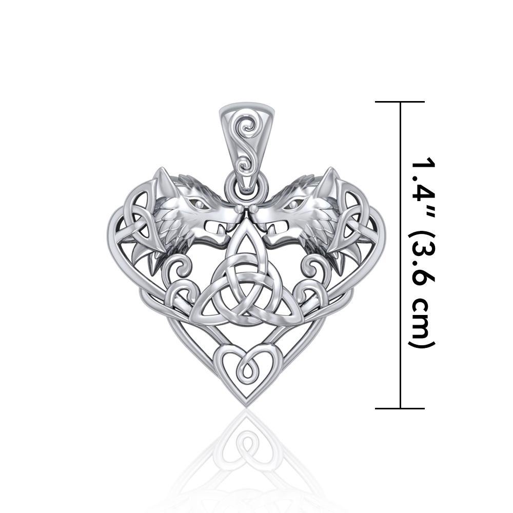 Wolves with Celtic Triquetra in Heart Sterling Silver Pendant TPD5212