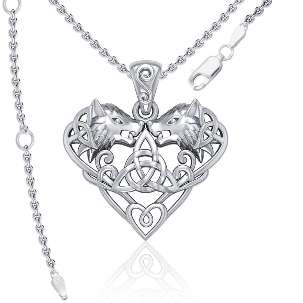 Wolves with Celtic Triquetra in Heart Sterling Silver Pendant TPD5212 Pendant With 18" Chain