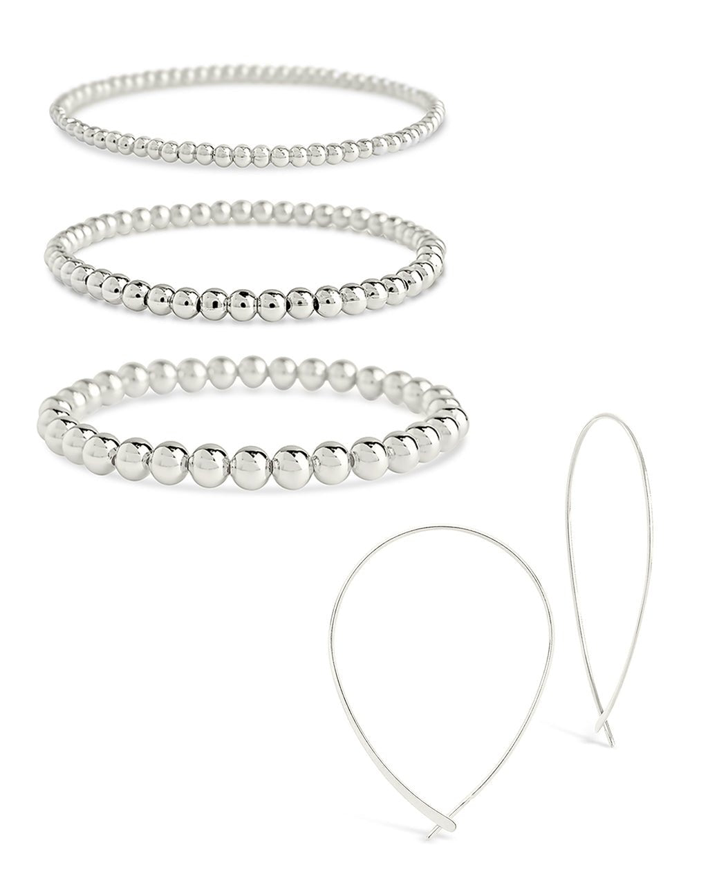 Beaded Bracelet & Delicate Threader Earrings Set Silver