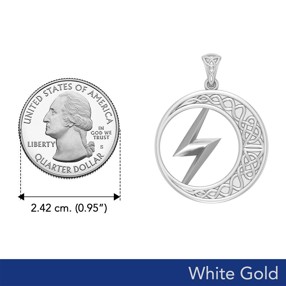 Zeus God Lightning Bolt with Celtic Crescent Moon Solid White Gold Pendant WPD5900