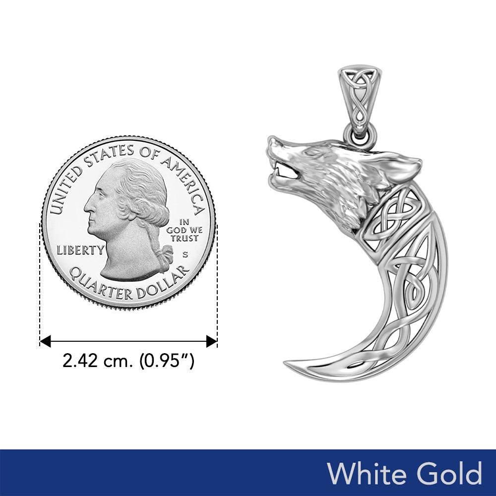 Wolf with Celtic Viking Norse Horn Solid White Gold Pendant WPD5979