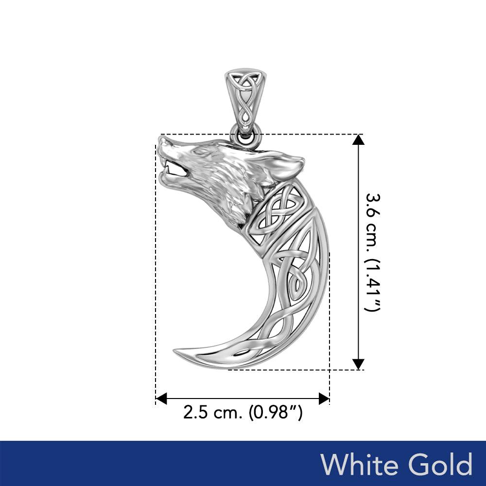 Wolf with Celtic Viking Norse Horn Solid White Gold Pendant WPD5979