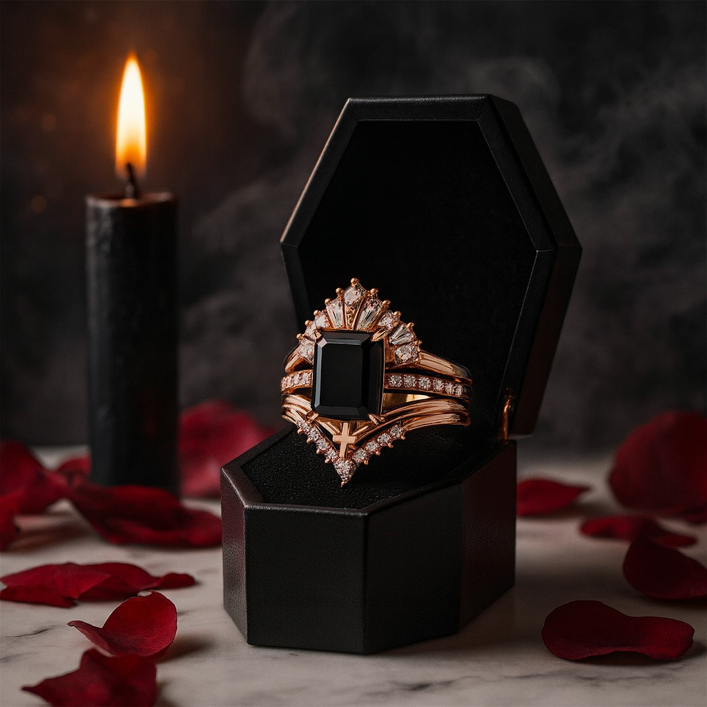 You Are Worth It- Black Emerald Cut Diamond Gothic Promise Ring Set
