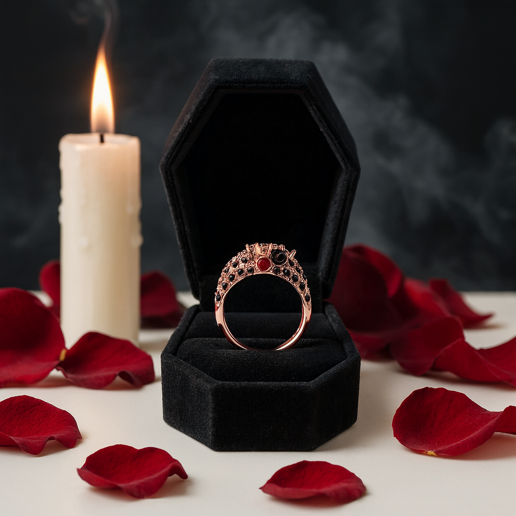 You're My Life- 14K Gold Skull, Cross Black Rose EVN™ and Diamond Gothic Promise Ring