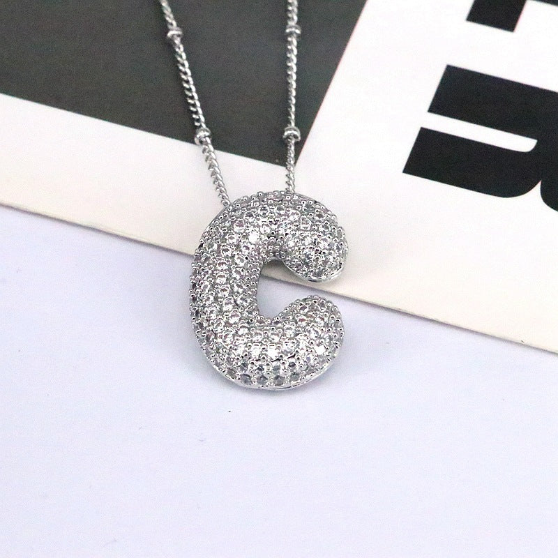 Copper Inlaid Zircon Letter Pendant Necklace Style C One Size