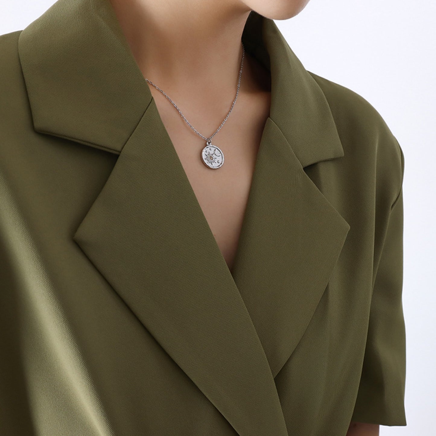 Zircon Titanium Steel Coin Shape Necklace Silver One Size