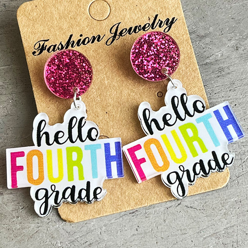 HELLO SECOND GRADE Acrylic Dangle Earrings Style D One Size