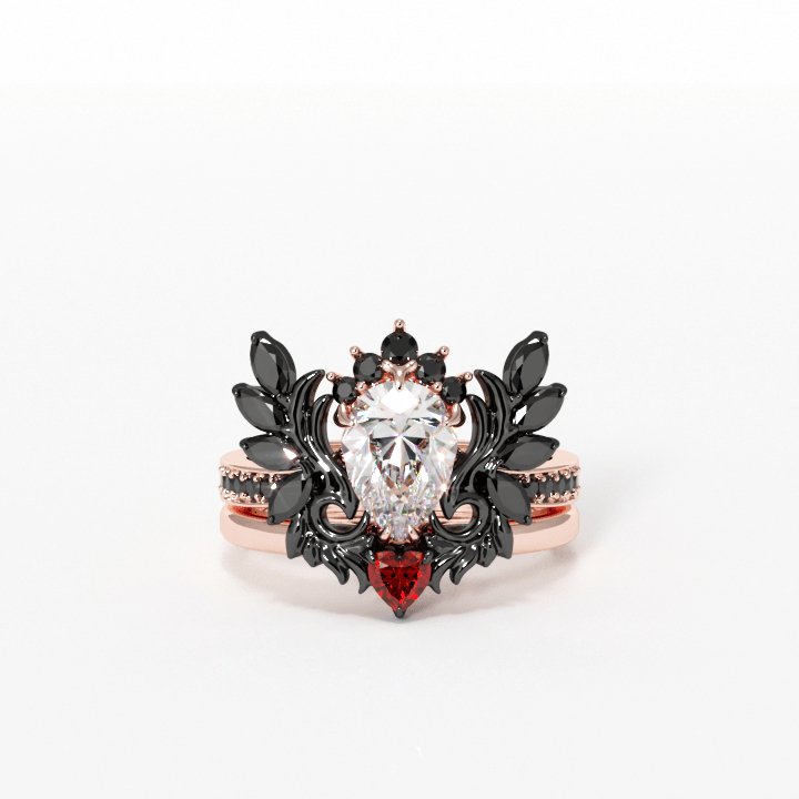 Angel's Wings- 14k White Gold Pear Cut and Red Heart Diamond Gothic Promise Ring Silver+Rose Gold Plating