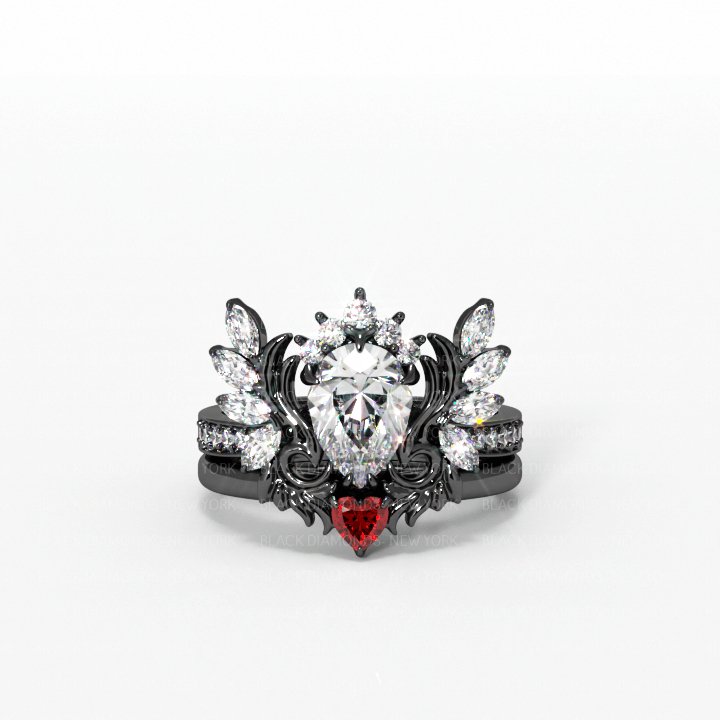 Angel's Wings- 14k White Gold Pear Cut and Red Heart Diamond Gothic Promise Ring Silver+Black Gold Plating