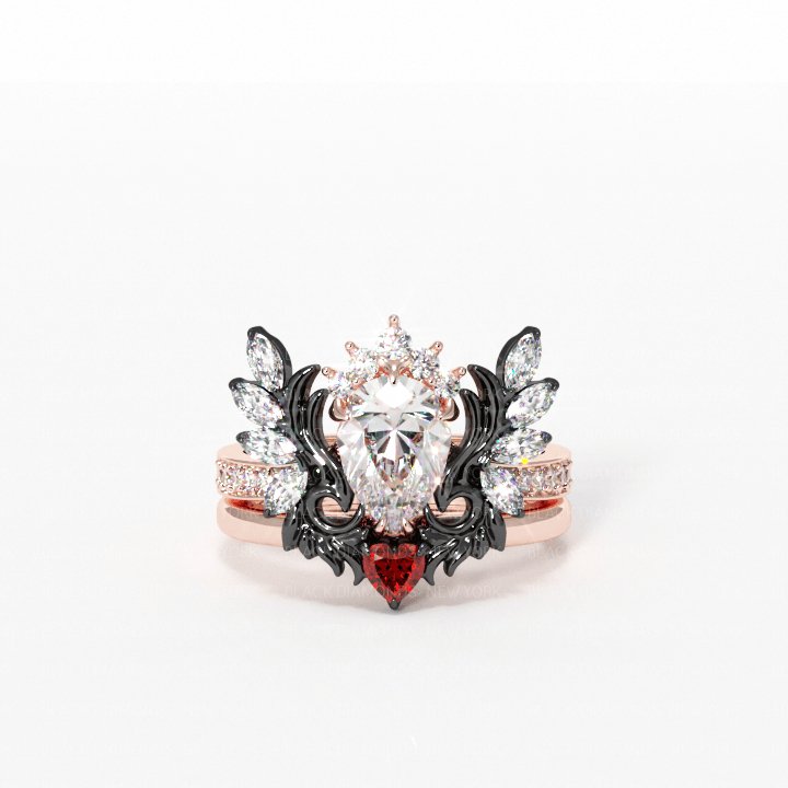 Angel's Wings- 14k White Gold Pear Cut and Red Heart Diamond Gothic Promise Ring 14k Rose Gold