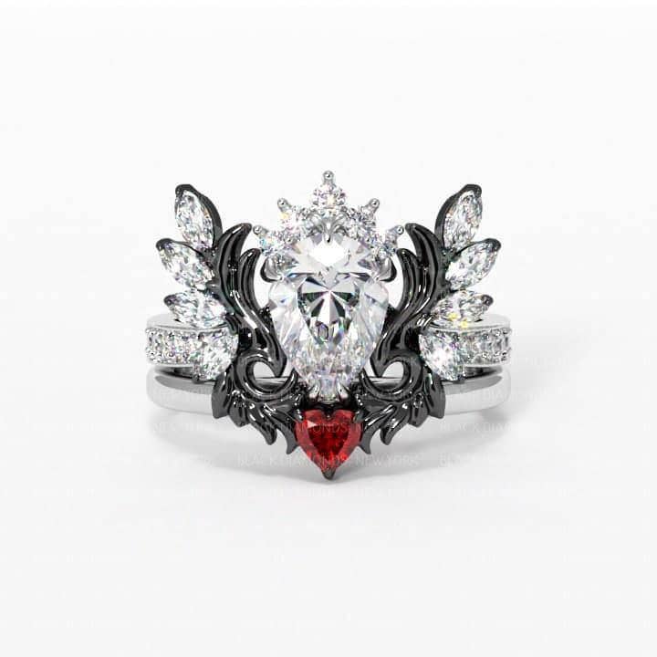 Angel's Wings- 14k White Gold Pear Cut and Red Heart Diamond Gothic Promise Ring 14k White Gold