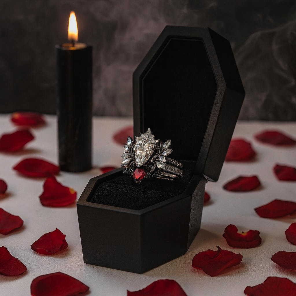 Angel's Wings- 14k White Gold Pear Cut and Red Heart Diamond Gothic Promise Ring