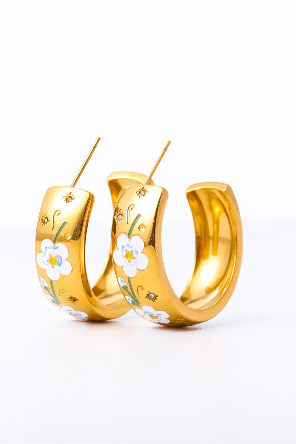 Stainless Steel 18K Gold Plated Ring Shape C-Hoop Earrings Light Blue One Size
