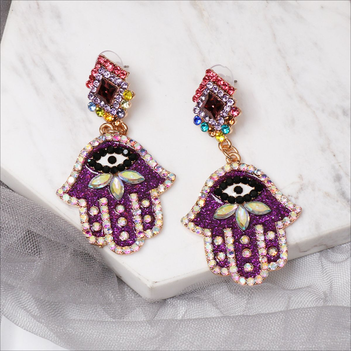 Alloy & Rhinestone Earrings Purple One Size