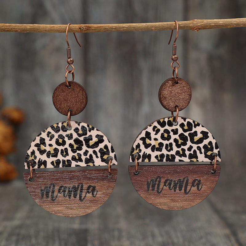 Wooden Leopard Round Shape Earrings Mocha One Size